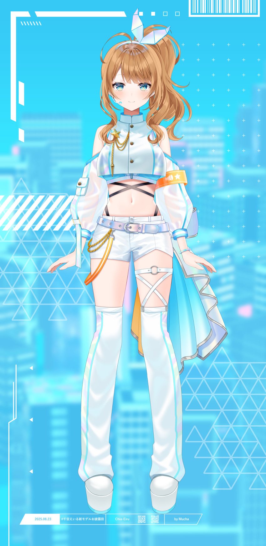 1girl, absurdres, ahoge, bare_shoulders, blue_eyes, blue_shirt, breasts, brown_hair, buttons, chia_eiru, closed_mouth, clothing_cutout, crop_top, crop_top_overhang, full_body, hair_ribbon, highleg, highres, large_breasts, long_hair, looking_at_viewer, loose_socks, midriff, myusha, navel, official_art, platform_shoes, ribbon, see-through_clothes, see-through_sleeves, shirt, shoes, short_shorts, shorts, shoulder_cutout, side_ponytail, smile, socks, solo, stardust_virtual_studio, stomach, thigh_strap, thighhighs, thighs, undershirt, virtual_youtuber, wavy_hair, white_shirt, white_shoes, white_shorts, white_thighhighs