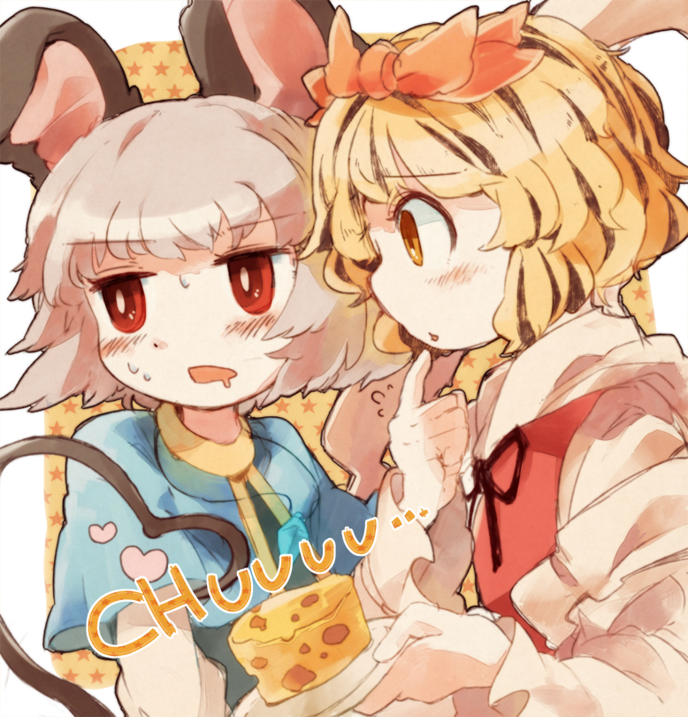 2girls, animal_ears, blonde_hair, blush, chachi_(azuzu), cheese, drooling, female_focus