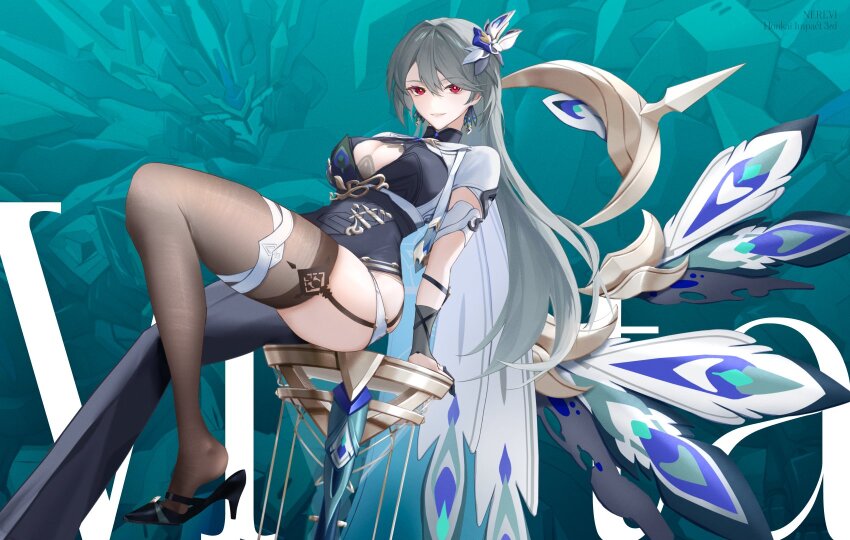 1girl, black_bodysuit, black_garter_straps, black_thighhighs, bodysuit, breasts, cleavage, commentary_request, earrings, garter_straps, grey_hair, high_heels, highres, honkai_(series), honkai_impact_3rd, jewelry, large_breasts, long_hair, looking_at_viewer, nerevi, red_eyes, single_leg_bodysuit, single_thighhigh, sitting, solo, thighhighs, thighs, very_long_hair, vita_(honkai_impact), vita_(lone_planetfarer)_(honkai_impact)