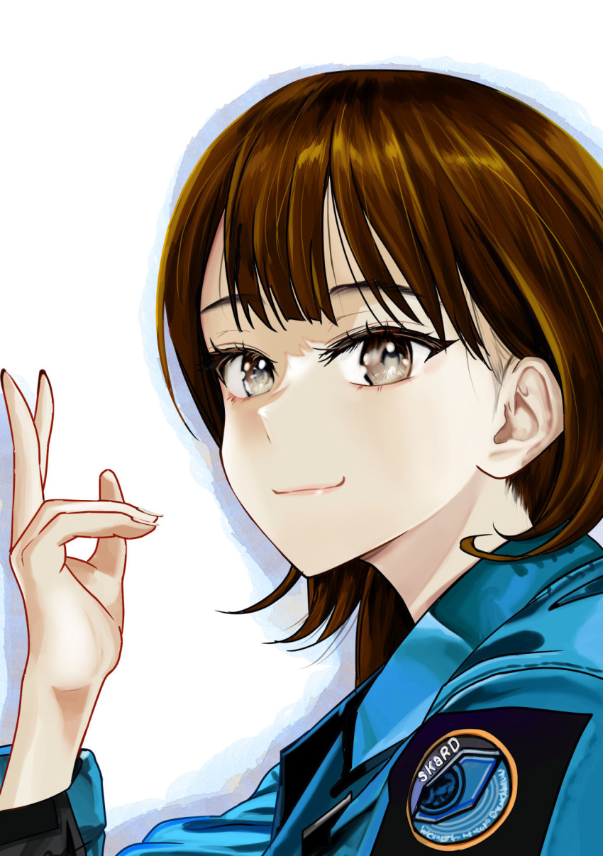1girl, 4ze_meteor, animification, aobe_emi, badge, black_jacket, blue_jacket, bob_cut, brown_eyes, brown_hair, closed_mouth, collared_jacket, commentary, cut_bangs, eyelashes, fingernails, hand_up, highres, jacket, lips, long_sleeves, looking_at_viewer, military_uniform, multicolored_jacket, portrait, salute, shadow, short_hair, simple_background, smile, solo, straight_hair, tokusatsu, two-finger_salute, two-tone_jacket, ultra_series, ultraman_blazar_(series), white_background
