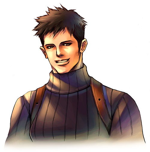 1boy, brown_eyes, brown_hair, game_cg, kyle_madigan, leather, leather_strap, looking_at_viewer, official_art, parasite_eve_(series), parasite_eve_ii, short_hair, smile, turtleneck, upper_body