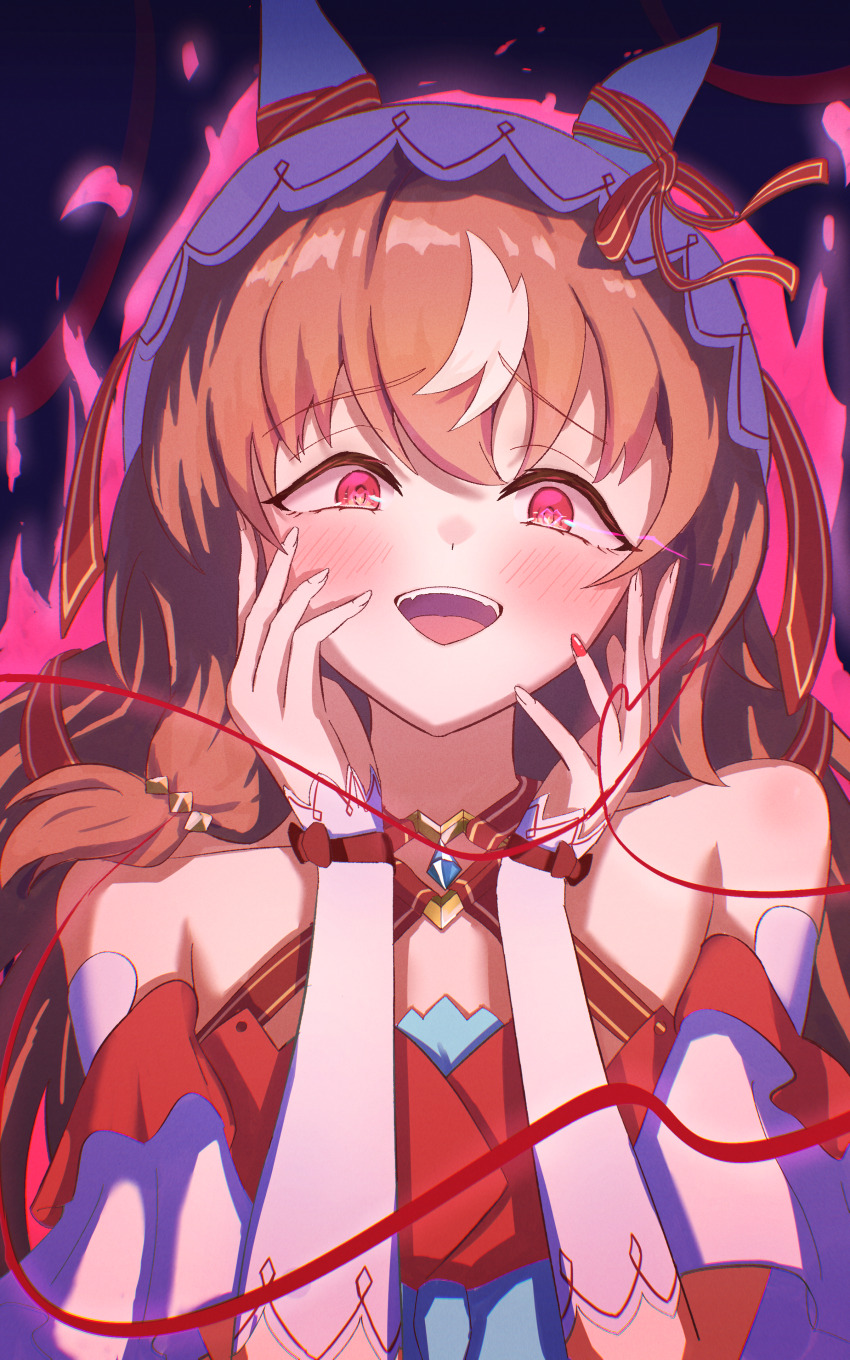 1girl, absurdres, animal_ears, bare_shoulders, blush, brown_hair, detached_sleeves, dress, h1a0t6, hands_on_own_face, highres, horse_ears, horse_girl, long_hair, looking_at_viewer, open_mouth, red_dress, red_eyes, solo, still_in_love_(scarlet_vow_raiment)_(umamusume), still_in_love_(umamusume), teeth, umamusume, upper_teeth_only, veil, white_veil, yandere