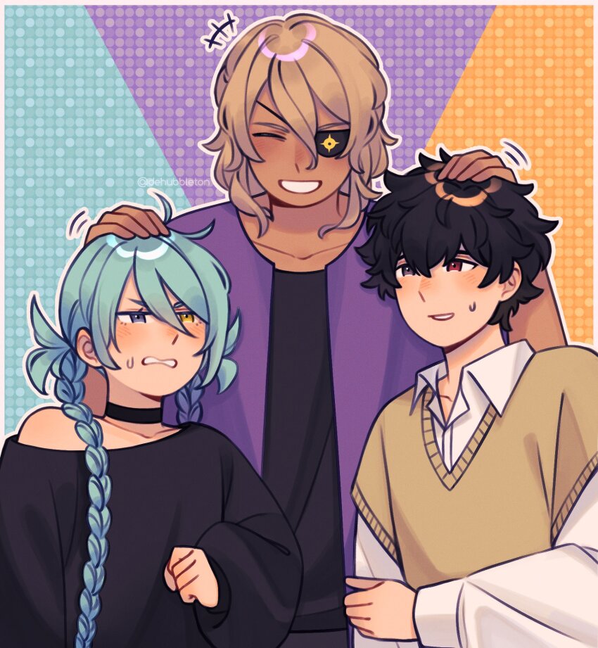 1girl, 2boys, ai_the_somnium_files, ai_the_somnium_files:_nirvana_initiative, alternate_costume, annoyed, black_hair, black_shirt