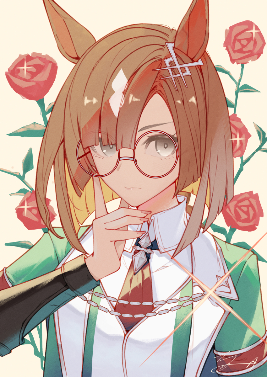 1girl, absurdres, animal_ears, brown_hair, closed_mouth, commentary, ear_ornament, floral_background