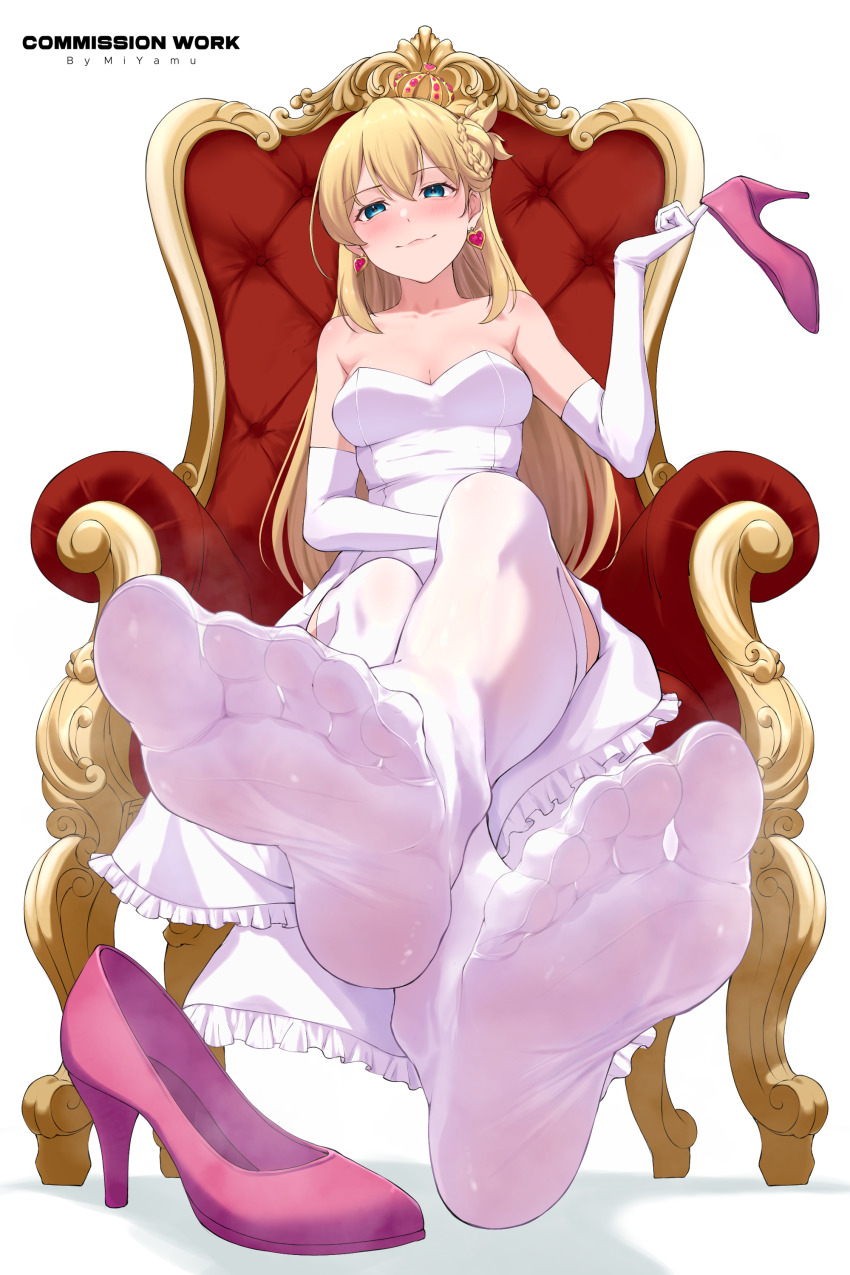 1girl, absurdres, agnes_claudel, armchair, blonde_hair, blue_eyes, blush, chair