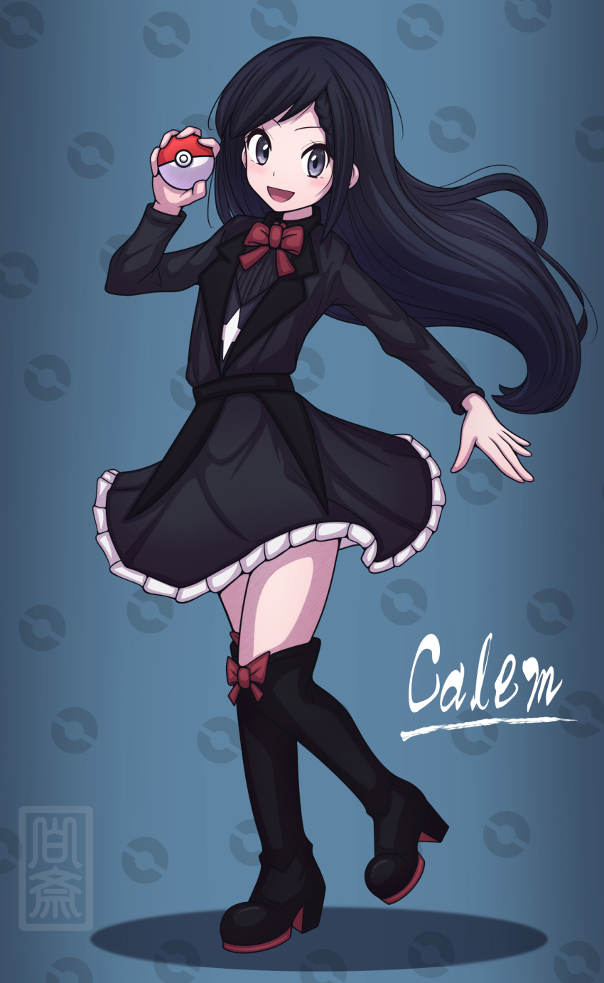 1boy, :d, black_boots, black_dress, black_hair, boots, bow, bowtie