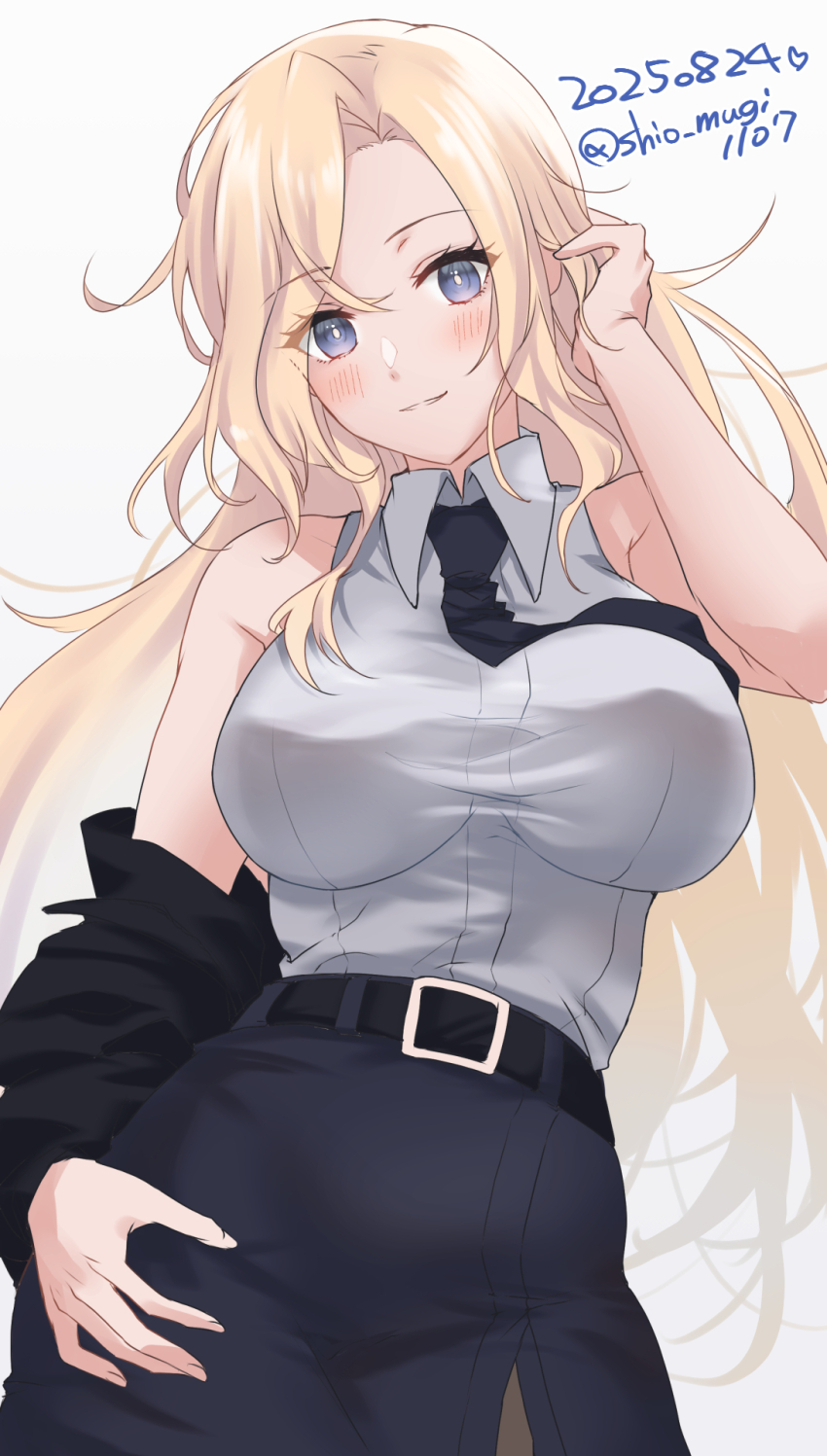 1girl, belt, black_belt, black_necktie, black_skirt, blonde_hair, blue_eyes, blush