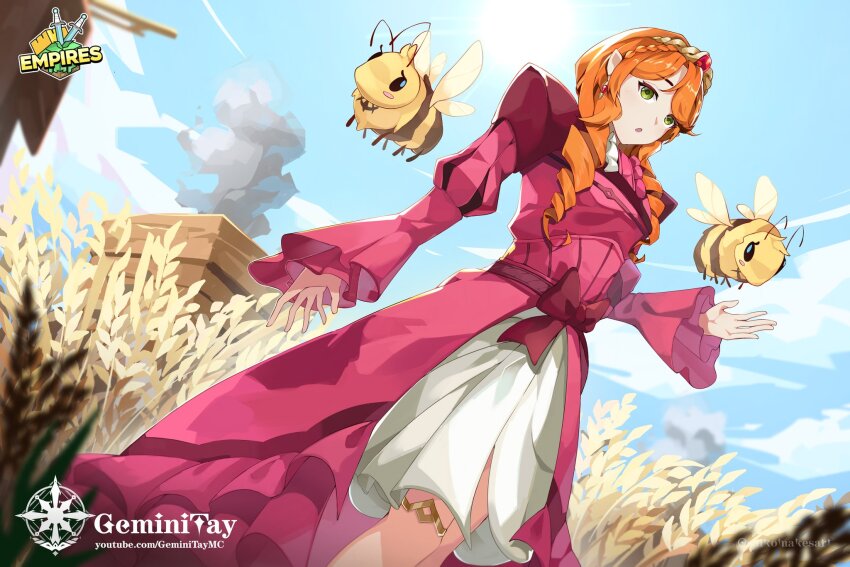 1girl, animification, bee, bow, braid, bug, cloud, commentary