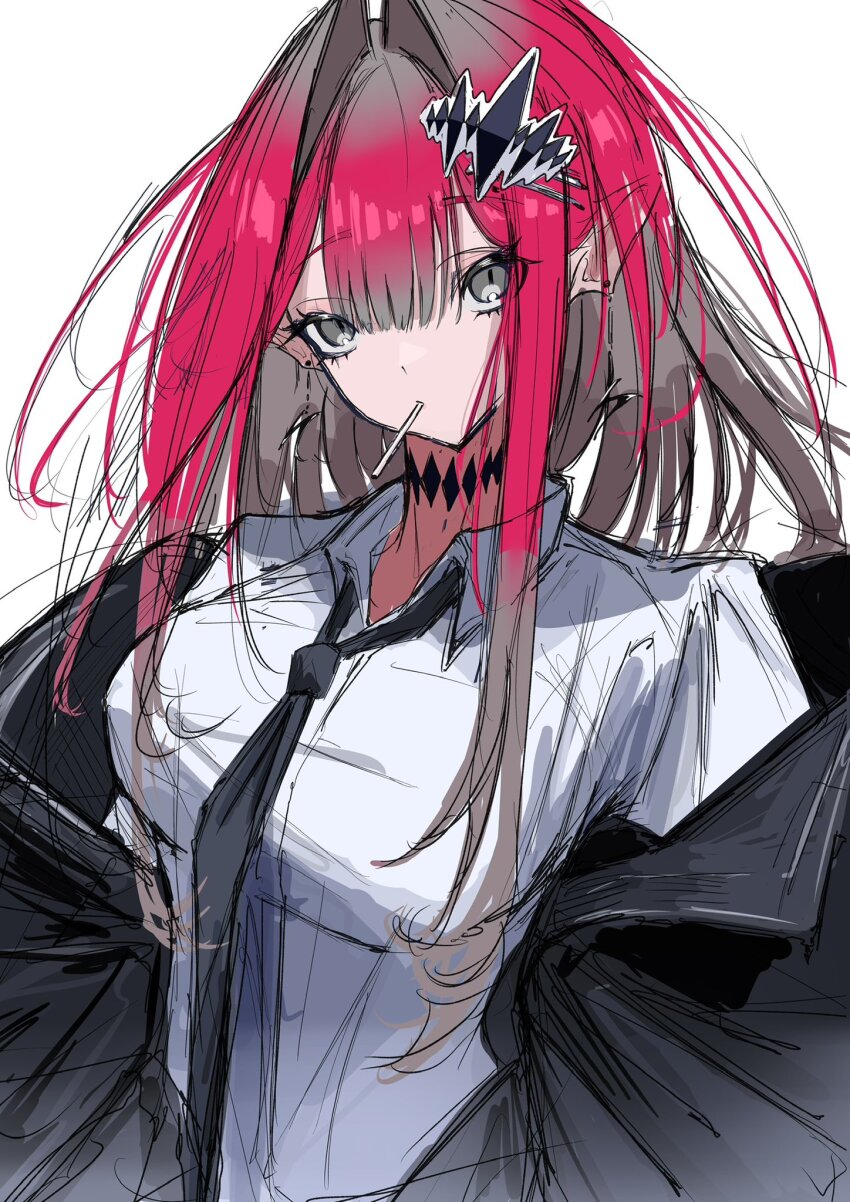 1girl, baobhan_sith_(fate), black_jacket, black_necktie, breasts, fate/grand_order, fate_(series), food_in_mouth