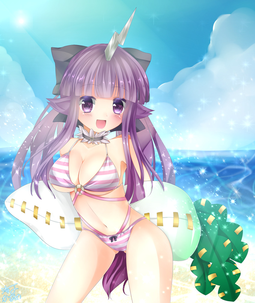 1girl, absurdres, animal_ears, beach, beyaert_alma, bikini, black_ribbon, blue_sky
