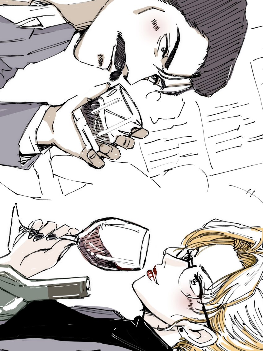 1boy, 1girl, blonde_hair, bottle, cup, drinking_glass, eye_contact, facial_hair