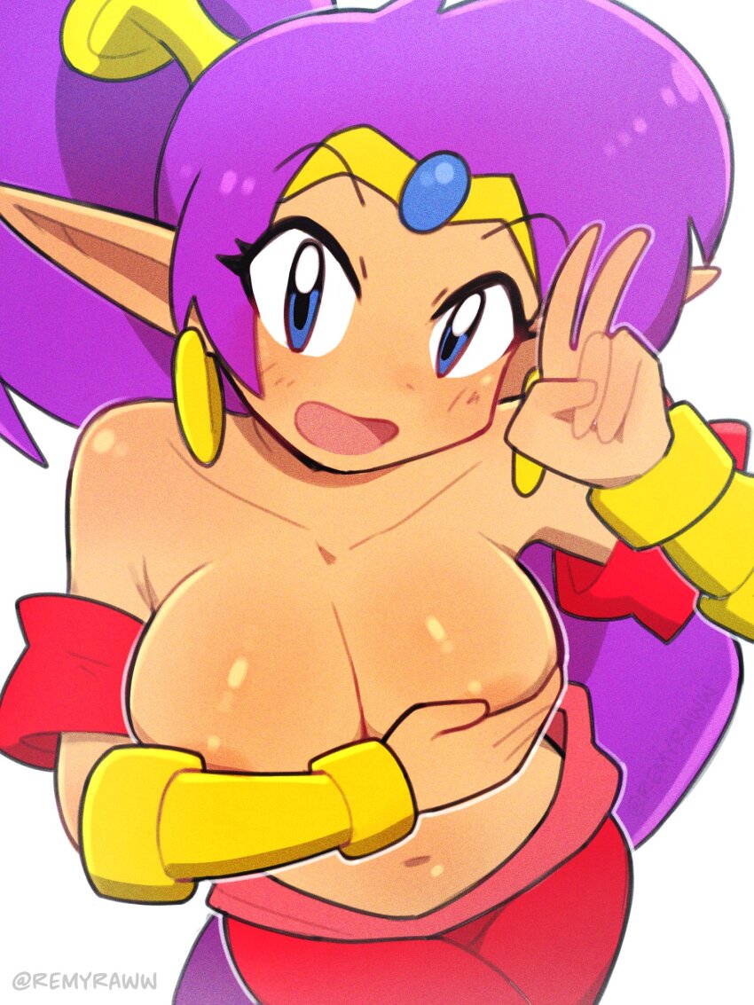 1girl, areola_slip, blue_eyes, blush, breast_focus, breasts, bushii_(bo0xhy), covering_breasts, covering_privates, earrings, highres, jewelry, pants, pointy_ears, ponytail, purple_hair, red_pants, shantae, shantae_(series), smile, solo, topless_female