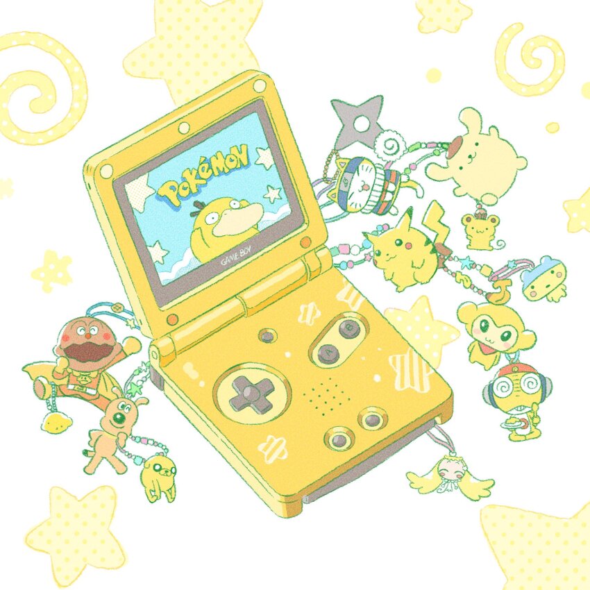adventure_time, character_charm, character_request, charm_(object), commentary, copyright_name, copyright_request, english_text, fat_pikachu, food, food_charm, fruit, game_boy, game_boy_advance, game_boy_advance_sp, gen_1_pokemon, handheld_game_console, heisei_retro, highres, jake_the_dog, kamaboko, keroro_gunsou, kururu_(keroro_gunsou), lemon, mametchi, narutomaki, nintendo, pikachu, pokemon, pokemon_(creature), pompompurin, psyduck, sanrio, scone_(sanrio), shuriken, star_(symbol), summernight_12, untranslatable_commentary, tamagotchi, weapon, white_background, yellow_theme