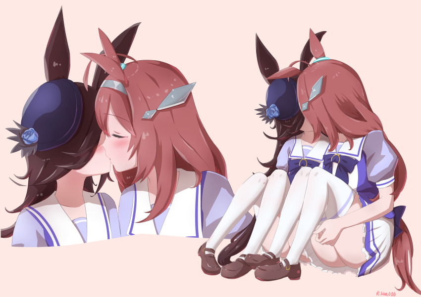 2girls, absurdres, ahoge, animal_ears, black_hair, blue_flower, blush, brown_hair