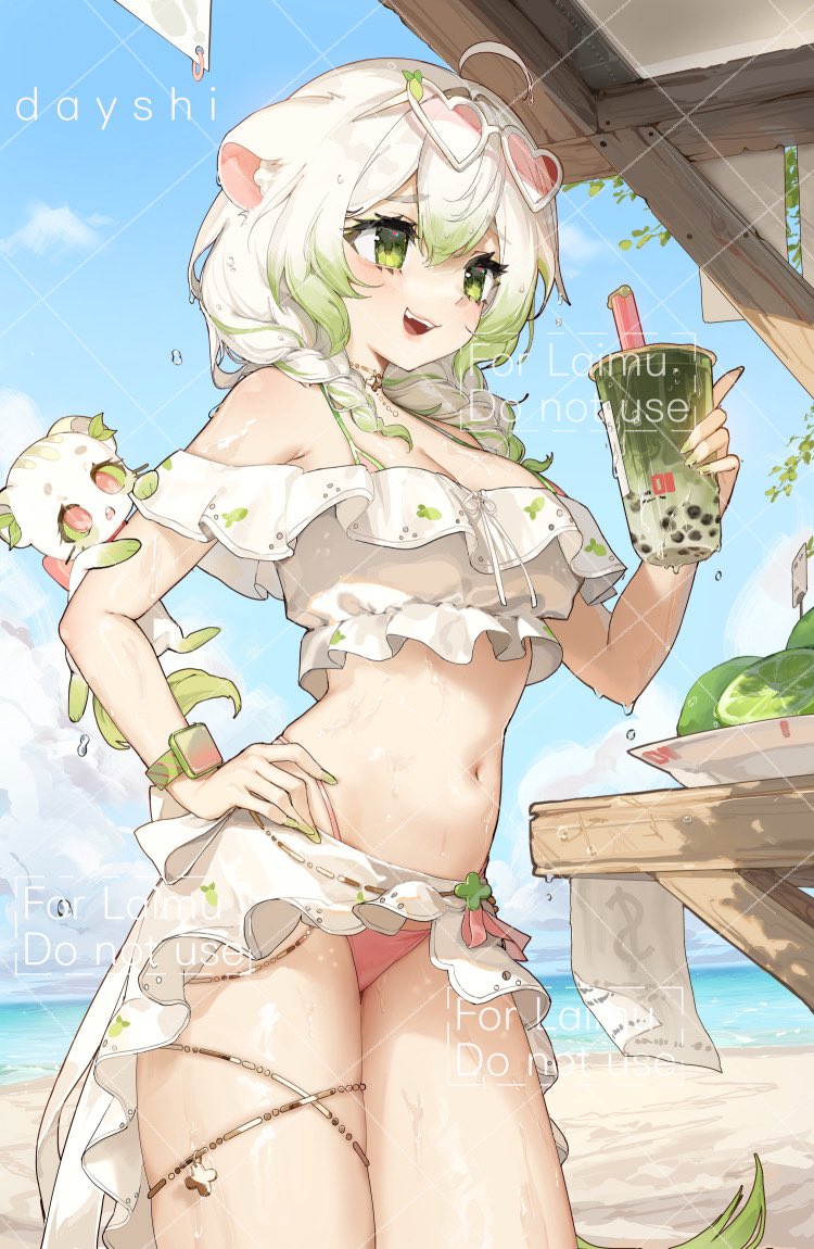 1girl, ahoge, animal_ears, bare_shoulders, beach, belly, bikini, braid