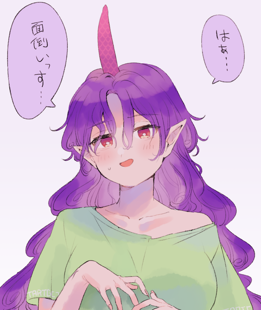 1girl, blush, breasts, collarbone, fingernails, green_shirt, hair_between_eyes, hands_up