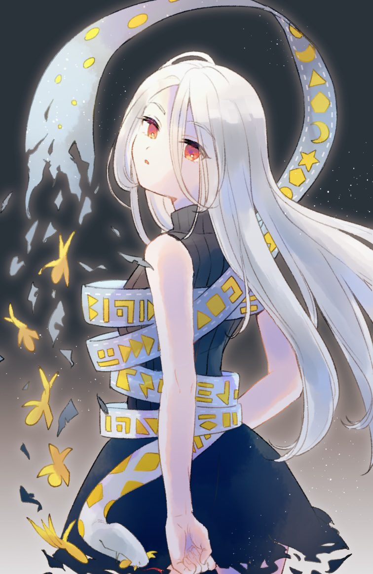 1girl, :o, back, bare_shoulders, black_shirt, black_skirt, expressionless, fossilized_wonders