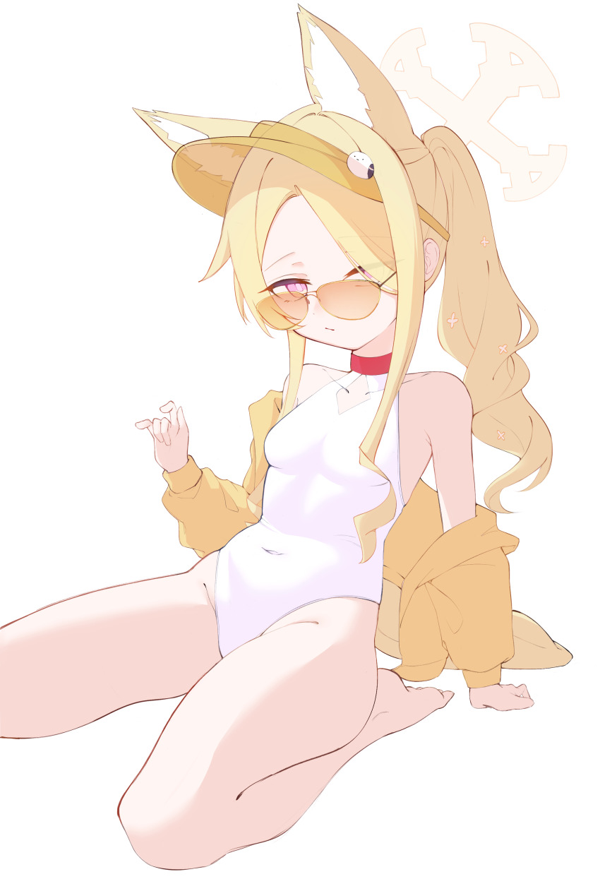 1girl, absurdres, animal_ear_fluff, animal_ears, bare_legs, bare_shoulders, barefoot, blonde_hair, blue_archive, breasts, closed_mouth, covered_navel, cross_halo, diamond_cutout, dot_nose, enariarte, extra_ears, eyes_visible_through_hair, feet, fox_ears, fox_girl, fox_tail, full_body, hair_over_one_eye, halo, hand_up, highleg, highleg_one-piece_swimsuit, highres, jacket, loli, long_hair, long_sleeves, looking_at_viewer, off_shoulder, official_alternate_costume, official_alternate_hairstyle, one-piece_swimsuit, orange-tinted_eyewear, orange_eyes, seia_(blue_archive), seia_(swimsuit)_(blue_archive), side_ponytail, simple_background, sitting, small_breasts, solo, sunglasses, swimsuit, tail, thighs, tinted_eyewear, toes, very_long_hair, visor_cap, wariza, white_background, white_one-piece_swimsuit, yellow_halo, yellow_jacket, yellow_visor