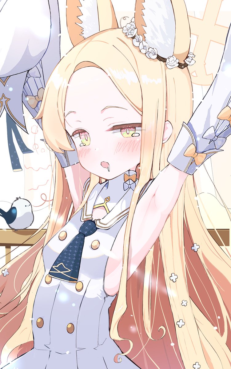 1girl, animal_ear_fluff, animal_ears, armpit_focus, armpits, arms_up, backless_outfit, bird