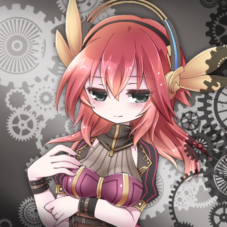 automedic_alma, black_eyes, black_jacket, breasts, dress, emil_chronicle_online, gear_background, grey_background