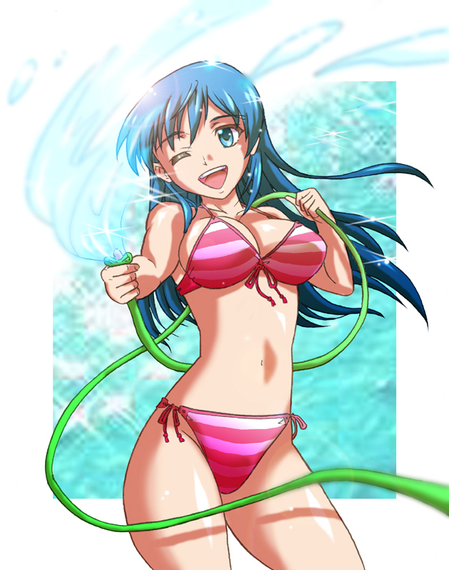 bikini, blue_eyes, blue_hair, hose, long_hair, one_eye_closed, original, solo
