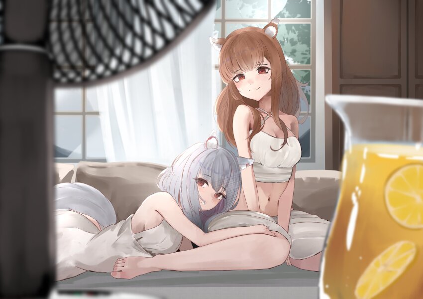 2girls, absurdres, animal_ears, araca_ra, bare_shoulders, barefoot, blurry, blurry_foreground, blush, breasts, brown_eyes, brown_hair, closed_mouth, criss-cross_halter, crop_top, dress, electric_fan, food, fruit, grey_hair, halterneck, highres, holo, indoors, looking_at_viewer, lying, medium_breasts, mother_and_child, mother_and_daughter, multiple_girls, myuri_(spice_and_wolf), navel, on_stomach, orange_(fruit), orange_slice, parent_and_child, pitcher_(container), sidelocks, sitting, skirt, smile, spice_and_wolf, stomach, tail, toenails, toes, wariza, white_dress, white_skirt, wolf_ears, wolf_girl, wolf_tail