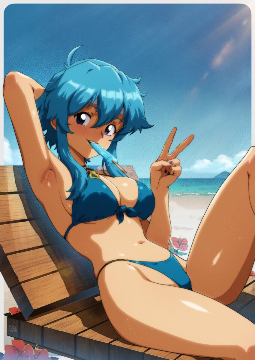 1girl, absurdres, ahoge, arm_behind_head, armpits, bare_legs, beach, bikini, blue_bikini, blue_hair, blue_sky, blush, breasts, chair, cleavage, cloud, commission, commissioner_upload, fire_emblem, fire_emblem:_genealogy_of_the_holy_war, flower, food, food_in_mouth, front-tie_bikini_top, front-tie_top, gravydood, grin, hair_between_eyes, headband, highleg, highleg_bikini, highres, holding, if_they_mated, jewelry, looking_at_viewer, lounge_chair, lying, medium_breasts, melting, melting_popsicle, mouth_hold, nail_polish, navel, necklace, nintendo, ocean, on_back, open_mouth, original, outdoors, popsicle, popsicle_in_mouth, purple_eyes, purple_nails, sand, selia_(mrtalkingdino), shore, short_hair, sideboob, sidelocks, skindentation, sky, smile, solo, stomach, string_bikini, swimsuit, thighs, tomboy, underboob, v, water, white_headband