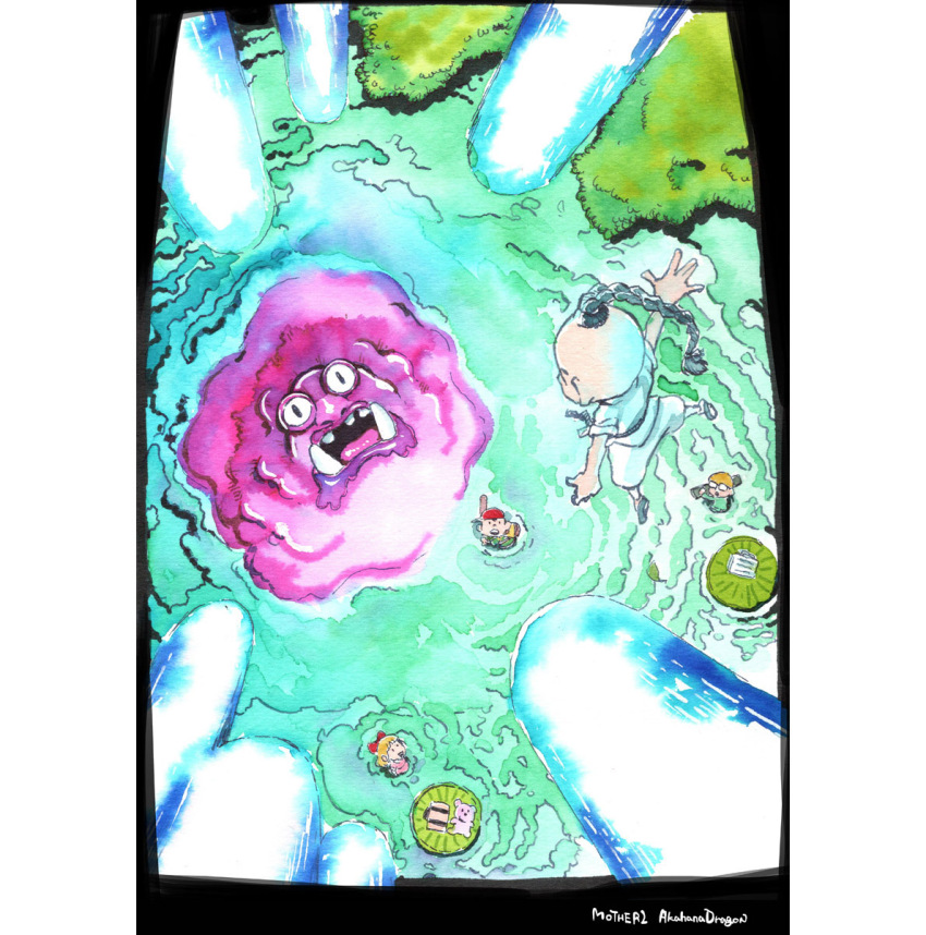 1girl, 3boys, akahanadragon, artist_name, attack, backpack, bag, baseball_bat, baseball_cap, battle, belt, black_belt, black_eyes, black_hair, blonde_hair, bow, braid, brown_bag, commentary, copyright_name, dougi, dress, floating, formal_clothes, from_above, grass, green_suit, hair_bow, hat, highres, holding, holding_baseball_bat, holding_rocket_launcher, holding_weapon, jeff_andonuts, karate_gi, lily_pad, long_hair, looking_at_another, looking_down, looking_up, magic, master_barf, master_belch, meteor_shower, monster, mother_(series), mother_2, multiple_boys, ness_(mother_2), nib_pen_(medium), nintendo, open_mouth, outdoors, paula_(mother_2), pen_(medium), pink_dress, ponytail, poo_(mother_2), red_bow, red_hat, ripples, rocket_launcher, shirt, shoes, short_hair, shorts, sideways_hat, slime_(creature), smile, sneakers, striped_clothes, striped_shirt, stuffed_animal, stuffed_toy, suit, suitcase, teddy_bear, topknot, traditional_media, tusks, wading, water, weapon, wetland, wide-eyed