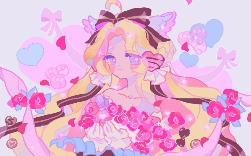 1girl, ahoge, bare_shoulders, blonde_hair, blue_eyes, blue_wings, blush, bow