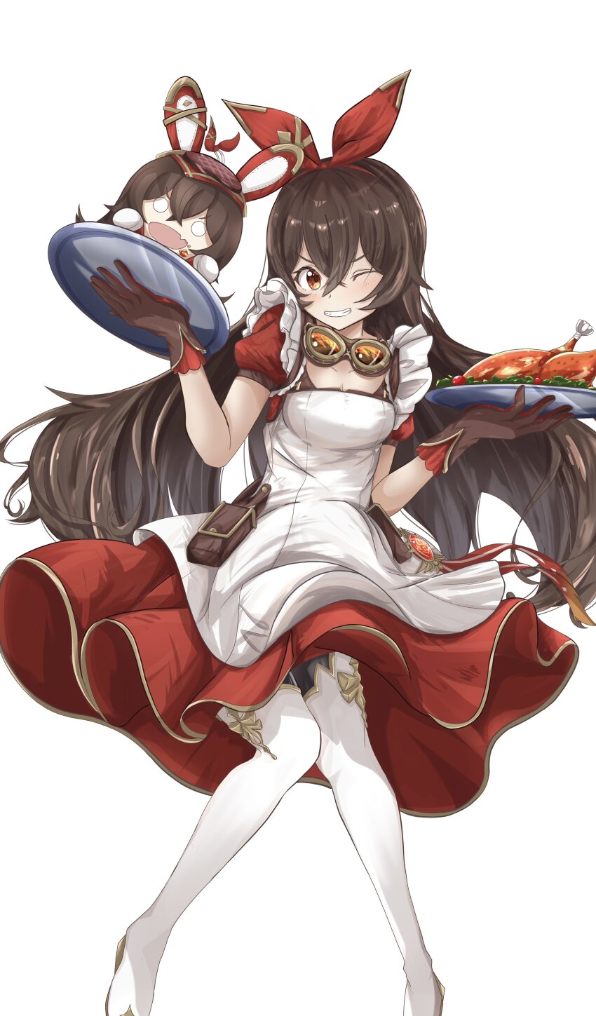 1girl, absurdres, alternate_costume, amber_(genshin_impact), apron, baron_bunny_(genshin_impact), boots, brown_eyes