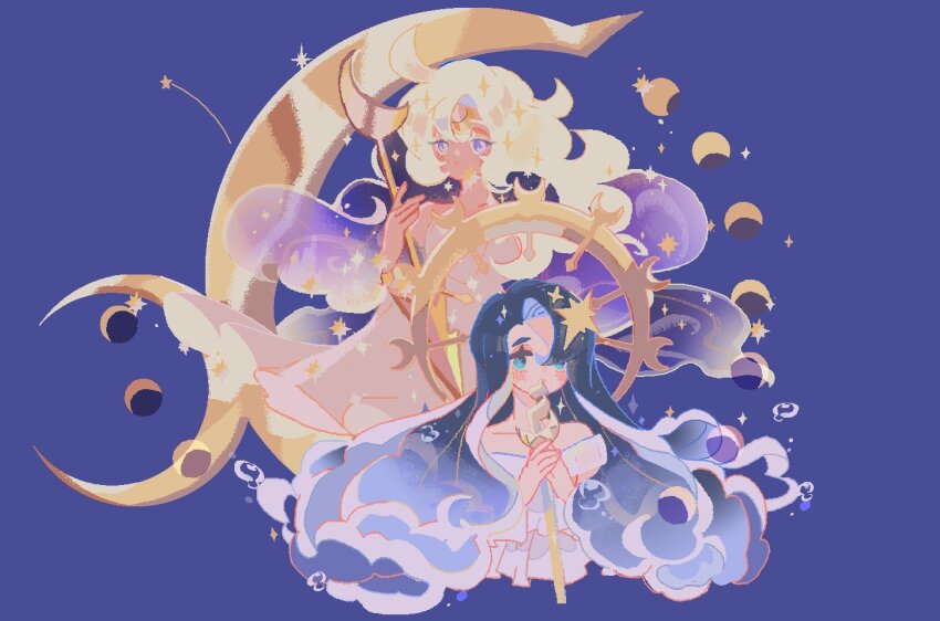 2girls, ahoge, bare_shoulders, black_hair, blonde_hair, blue_background, blue_eyes, blue_hair