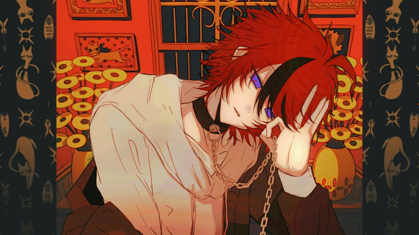 180_head_tilt, 1boy, absurdres, ahoge, black_collar, black_streaks, blue_eyes, cat