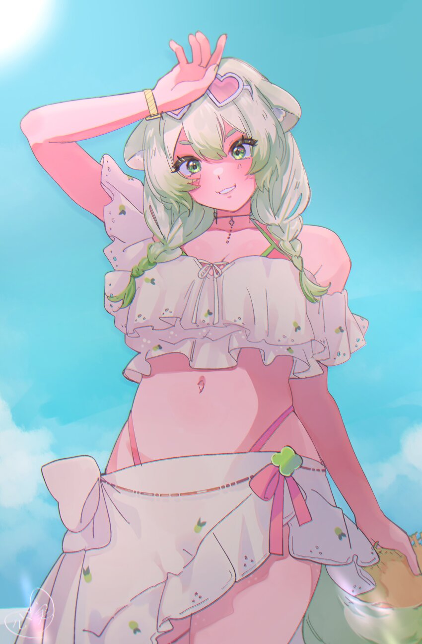 absurdres, animal_ears, beach, belly, bikini, breasts, crop_top, ferret_ears