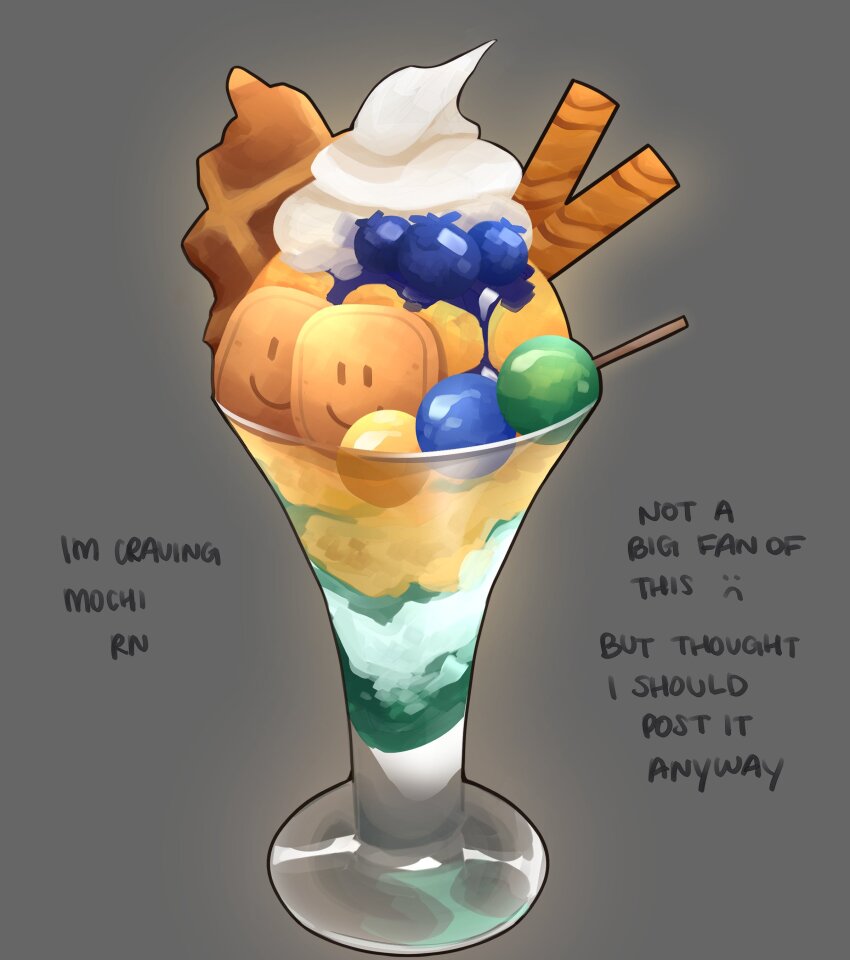 absurdres, blueberry, character-themed_food, commentary, cookie, cream_soda_(soda), dango, food, food_focus, fruit, highres, himochuu, ice_cream, mochi, no_humans, painterly, roblox, smiley_face, untranslatable_commentary, wafer_stick, waffle, wagashi, whipped_cream