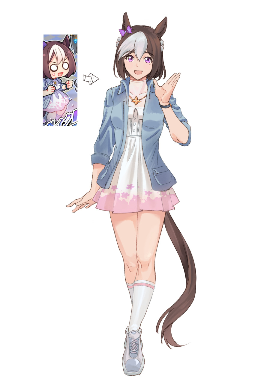 1girl, absurdres, animal_ears, blue_jacket, bow, brown_hair, commentary_request, dress, hair_bow, highres, horse_ears, horse_girl, horse_tail, jacket, kaulen.f, kneehighs, multicolored_hair, open_mouth, purple_bow, purple_eyes, shoes, short_hair, sleeves_rolled_up, sneakers, socks, solo, special_week_(umamusume), tail, two-tone_hair, umamusume, white_dress, white_hair, white_shoes, white_socks