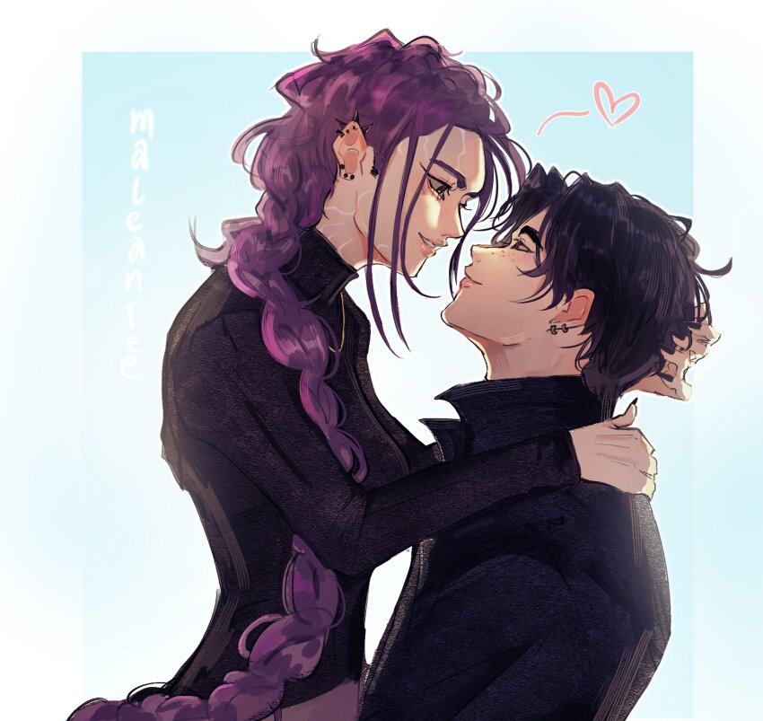 1boy, 1girl, black_hair, braid, braided_ponytail, commentary, earrings, english_commentary, facial_mark, freckles, heart, highres, jewelry, jinu_(kpop_demon_hunters), kpop_demon_hunters, maleantee, profile, purple_hair, rumi_(kpop_demon_hunters), short_hair, smile, upper_body