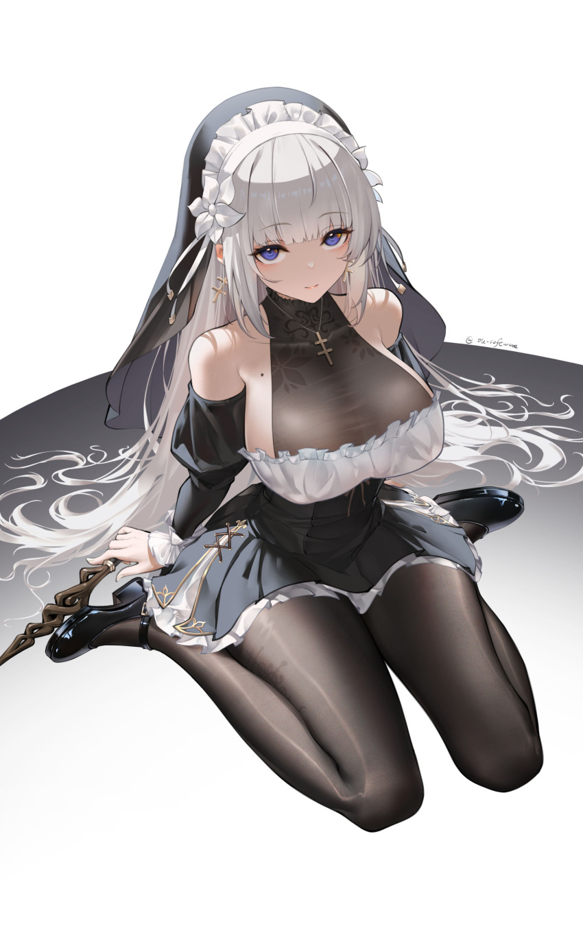 1girl, absurdres, bare_shoulders, black_bodystocking, black_dress, black_pantyhose, black_shoes, bodystocking, breasts, chinese_commentary, cross, cross_necklace, detached_sleeves, dress, earrings, full_body, highres, huang_(pixiv3580877), jewelry, large_breasts, lelia_(sinisistar), long_hair, looking_at_viewer, mary_janes, mole, mole_on_breast, necklace, nun, pantyhose, purple_eyes, see-through_cleavage, see-through_clothes, see-through_dress, shoes, sideboob, simple_background, sinisistar_2, solo, transparent_top, variant_set, very_long_hair, white_background, white_hair