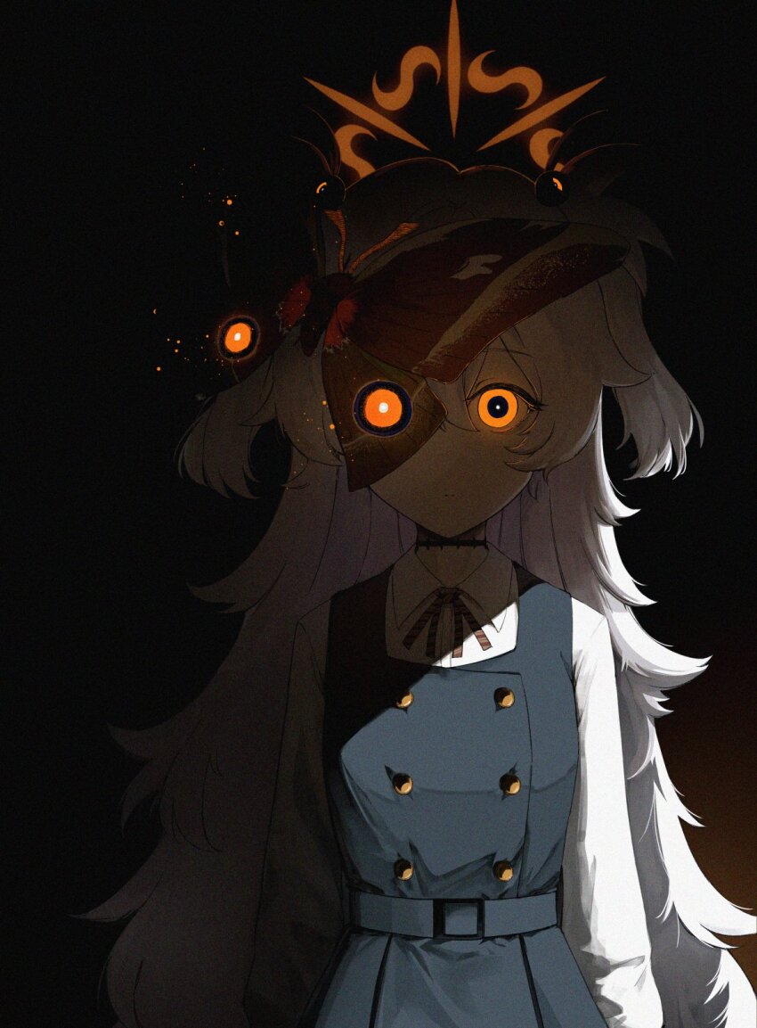 1girl, arms_at_sides, black_background, black_dress, blue_archive, breasts, bright_pupils, bug, buttons, collared_shirt, commentary, daresuki_05, dark, dated_commentary, diagonal-striped_ribbon, double-breasted, dress, expressionless, film_grain, glowing, glowing_eyes, glowing_halo, gradient_background, grey_hair, hair_ornament, hair_over_one_eye, halo, heavy_film_grain, highres, insect, kanoe_(blue_archive), long_bangs, long_hair, long_sleeves, looking_at_viewer, messy_hair, moth, orange_background, orange_eyes, orange_halo, parted_bangs, pinafore_dress, puffy_long_sleeves, puffy_sleeves, scar, scar_on_neck, shade, shirt, short_twintails, sidelighting, sidelocks, sleeveless, sleeveless_dress, small_breasts, solo, sphere_hair_ornament, standing, staring, twintails, upper_body, very_long_hair, white_shirt