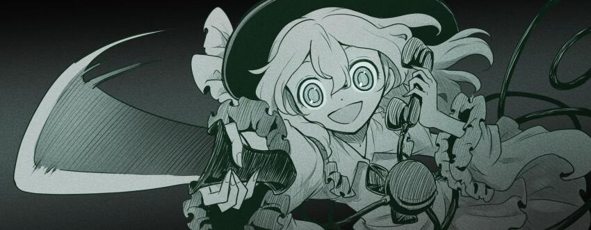 :d, afterimage, aiming, aiming_at_viewer, corded_phone, crazy, crazy_eyes, frilled_shirt_collar, frills, gradient_background, highres, joyfull_(terrace), komeiji_koishi, looking_at_viewer, monochrome, muisiki_rekuiemu, open_mouth, phone, shaded_eye, skirt, smile, third_eye, touhou, urban_legend_in_limbo, yandere