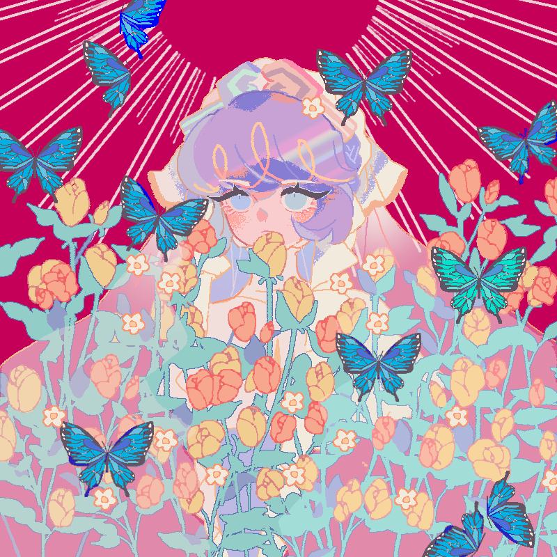 1girl, blonde_hair, blue_butterfly, blue_eyes, blush, bug, butterfly, capelet