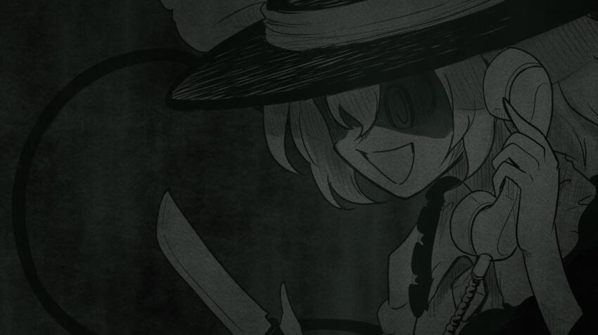 :d, corded_phone, dark, greyscale, hat, hat_ribbon, holding, holding_knife