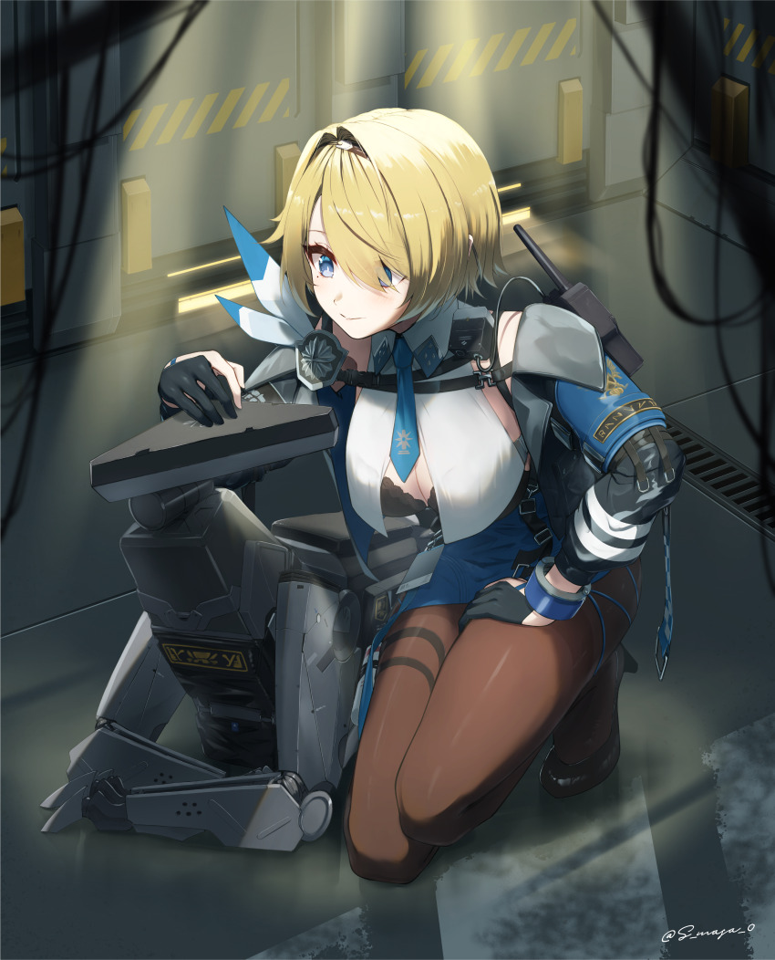 1girl, absurdres, artist_name, black_bra, black_gloves, black_hairband, black_jacket, black_pantyhose