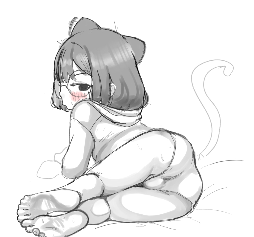 1girl, animal_ears, ass, blush, cat_ears, cat_tail, codismal, feet, glasses, highres, lying, medium_hair, mole, mole_under_eye, on_side, original, possi_(possummachine), round_eyewear, short_shorts, shorts, simple_background, sketch, spot_color, tail, white_background