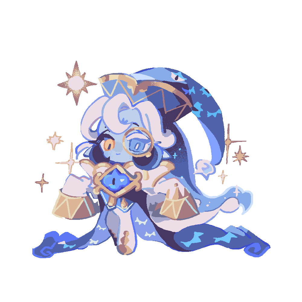 1boy, androgynous, black_cloak, black_hair, blue_cloak, blue_eyes, blue_hair, blue_hat, blue_skin, bright_pupils, brooch, chibi, chibi_only, cloak, closed_mouth, colored_eyelashes, colored_skin, commentary, cookie_run, cookie_run:_kingdom, full_body, gold_shoes, gold_trim, gradient_hair, hair_between_eyes, hat, heterochromia, jewelry, long_hair, long_sleeves, looking_at_viewer, male_focus, mismatched_eyelashes, mismatched_pupils, monocle, multicolored_hair, official_alternate_costume, official_alternate_hairstyle, pants, reed_(makuri_reed), shadow_milk_cookie, shadow_milk_cookie_(sage_of_truth), shoes, simple_background, sleeves_past_fingers, sleeves_past_wrists, smile, solo, sparkle, standing, star_(symbol), two-sided_cloak, two-sided_fabric, untranslatable_commentary, white_background, white_hair, white_pants, white_pupils, wizard_hat, yellow_eyes