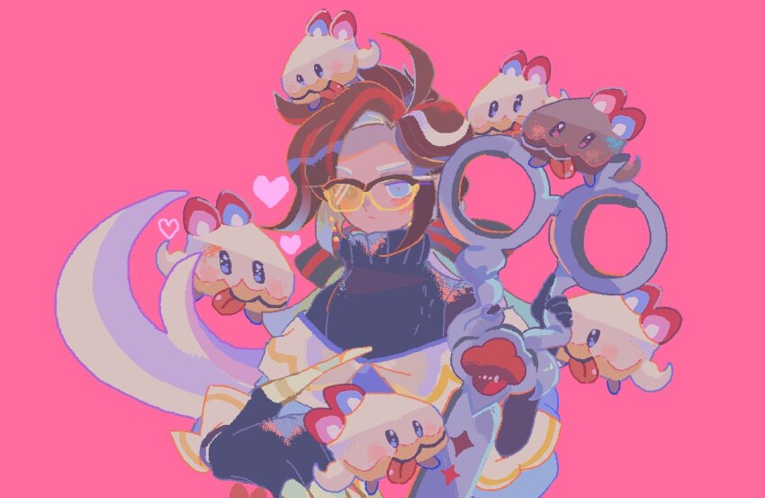 1boy, ahoge, black_bow, black_eyes, black_gloves, black_sweater, blue_eyes, blue_pupils, bow, bright_pupils, brown_hair, cake_hound, choco_cake_hound, closed_mouth, collared_shirt, commentary, cookie_run, cookie_run:_kingdom, cream_cake_hound, curtained_hair, dog, food, food-themed_creature, frown, fruit, glasses, gloves, hair_bow, heterochromia, holding, holding_scissors, humanization, looking_ahead, male_focus, mismatched_pupils, multicolored_hair, off-shoulder_shirt, off_shoulder, official_alternate_costume, official_alternate_hair_color, oversized_object, pink_background, red_hair, red_velvet_cookie, red_velvet_cookie_(cake_stylist), reed_(makuri_reed), scissors, shirt, simple_background, solo, strawberry, strawberry_slice, streaked_hair, sweater, turtleneck, turtleneck_sweater, untranslatable_commentary, upper_body, white_hair, white_shirt, yellow-framed_eyewear