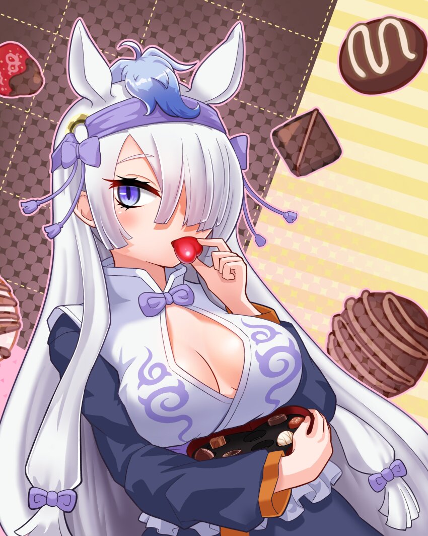 1girl, absurdres, animal_ears, blue_eyes, blue_hair, blue_sleeves, blush, bow