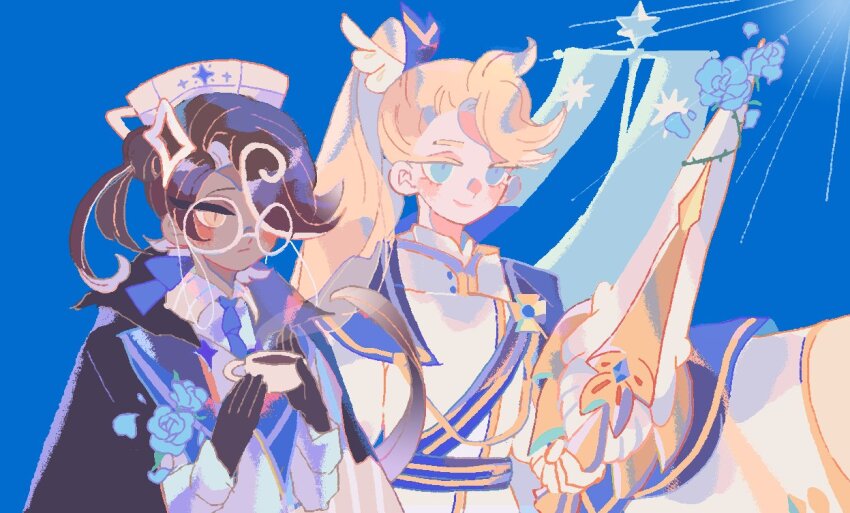 2boys, asymmetrical_bangs, black_gloves, black_jacket, blonde_hair, blue_background, blue_cape, blue_eyes, blue_flower, blue_necktie, blue_rose, blue_sweater, brown_hair, cape, chinese_commentary, closed_mouth, coffee, collared_jacket, collared_shirt, colored_eyelashes, commentary_request, cookie_run, cookie_run:_kingdom, cup, dark-skinned_male, dark_skin, espresso_cookie, espresso_cookie_(classy_ceremonial_suit), flag, flower, glasses, gloves, gold_trim, hair_behind_ear, hair_over_one_eye, hat, high_ponytail, holding, holding_cup, holding_sword, holding_weapon, jacket, long_hair, long_sleeves, looking_ahead, madeleine_cookie, madeleine_cookie_(elegant_knight_vestments), male_focus, multicolored_hair, multiple_boys, necktie, official_alternate_costume, official_alternate_hairstyle, one_eye_covered, open_clothes, open_jacket, pale_skin, ponytail, reed_(makuri_reed), rose, round_eyewear, shirt, short_hair, simple_background, smile, star_(symbol), streaked_hair, sweater, sword, two-tone_hair, upper_body, weapon, white-framed_eyewear, white_gloves, white_hair, white_hat, white_jacket, white_shirt, yellow_eyes