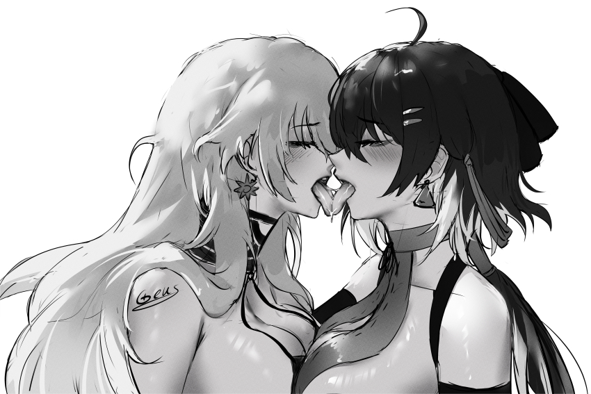 2girls, absurdres, ahoge, augusta_(wuthering_waves), bare_shoulders, blush, bow, breast_press, closed_eyes, collar, colored_inner_hair, commentary, earrings, english_commentary, female_rover_(wuthering_waves), french_kiss, geus_(just_geus), greyscale, hair_bow, hair_ornament, hair_ribbon, hairclip, highres, jewelry, kiss, long_hair, low_ponytail, monochrome, multicolored_hair, multiple_girls, parallel_hairclips, ponytail, ribbon, rover_(wuthering_waves), signature, simple_background, sun_earrings, symmetrical_docking, tongue, tongue_out, triangle_earrings, upper_body, white_background, wuthering_waves, yuri