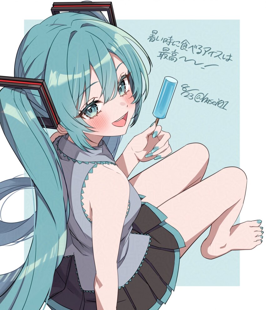 1girl, aqua_hair, barefoot, food, hasei_(hasei01), hatsune_miku, highres, nail_polish, popsicle, shirt, sleeveless, sleeveless_shirt, solo, vocaloid