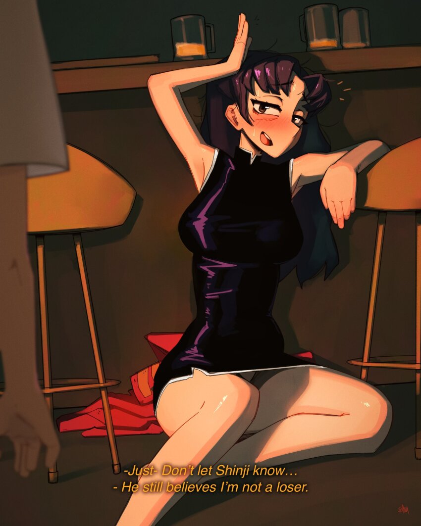 1girl, alcohol, arm_up, armpits, bar_(place), bare_legs, bare_shoulders, blush, breasts, commentary, dress, english_commentary, english_text, eyelashes, foot_out_of_frame, glass, highres, impossible_clothes, impossible_dress, jacket, katsuragi_misato, legs, looking_at_viewer, medium_breasts, neon_genesis_evangelion, on_ground, open_mouth, out_of_frame, parted_bangs, purple_dress, purple_hair, red_jacket, shadow, shibansfw, short_dress, sitting, unworn_jacket